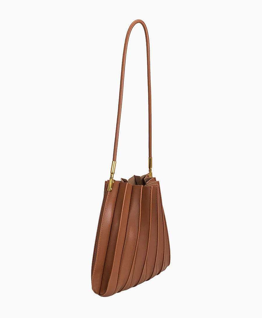 Damen Melie Bianco Taschen | Plissierte Schultertasche Carrie Aus Veganem Leder - Cognac