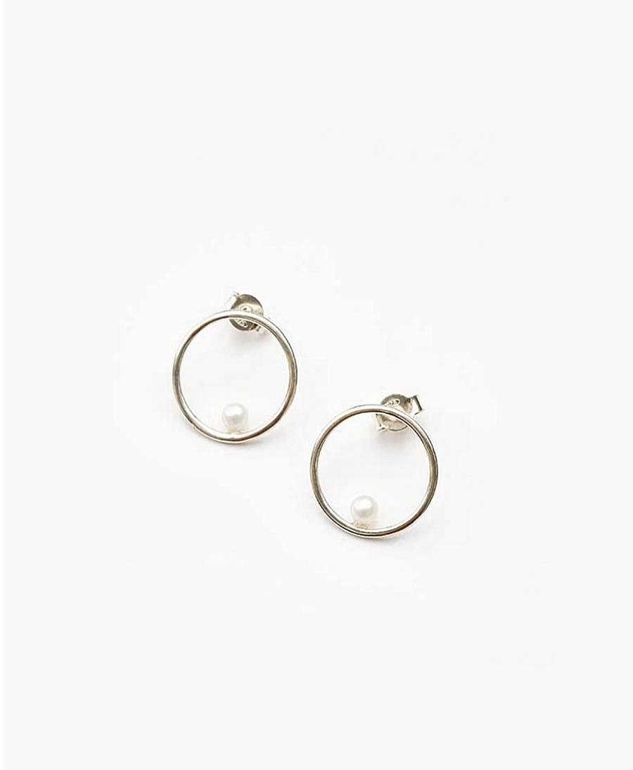 Damen V Design Lab Ohrringe | Kleine Circle Ohrstecker Mit Perle Mit Weissgold Vergoldet