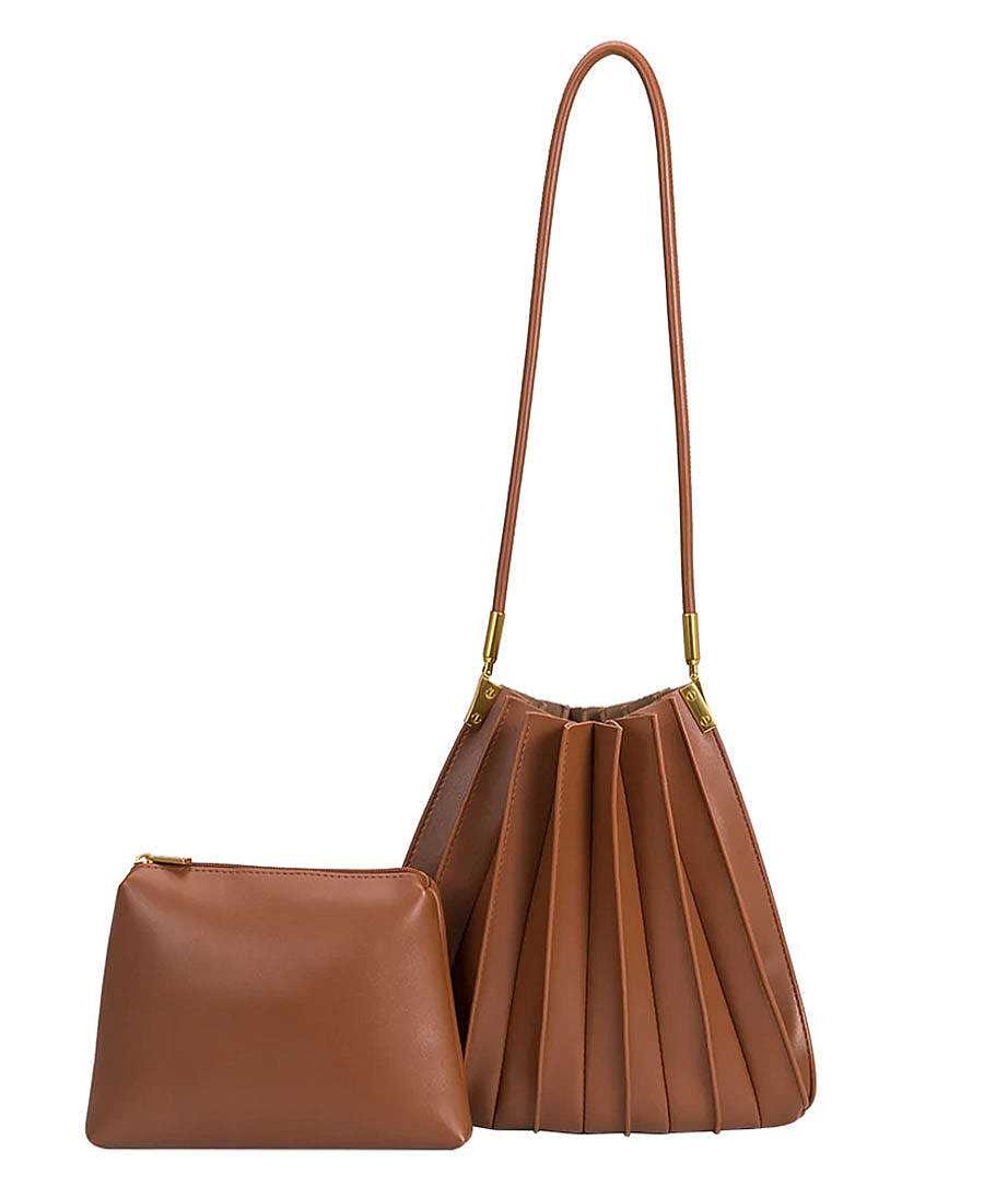 Damen Melie Bianco Taschen | Plissierte Schultertasche Carrie Aus Veganem Leder - Cognac