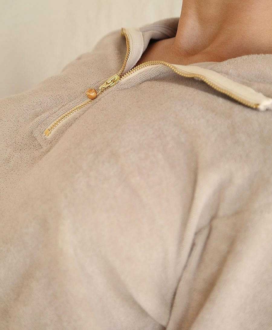 Damen DONNI. Oberteile | Terry 1/2 Zip Pullover - Steinbeige