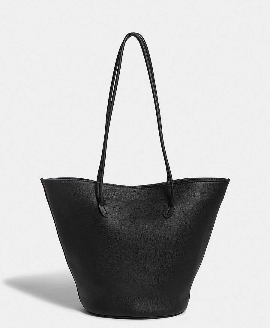 Damen Modern Weaving Taschen | Ledertasche "Soft Structure Tall Oval Bucket" - Leder, Black