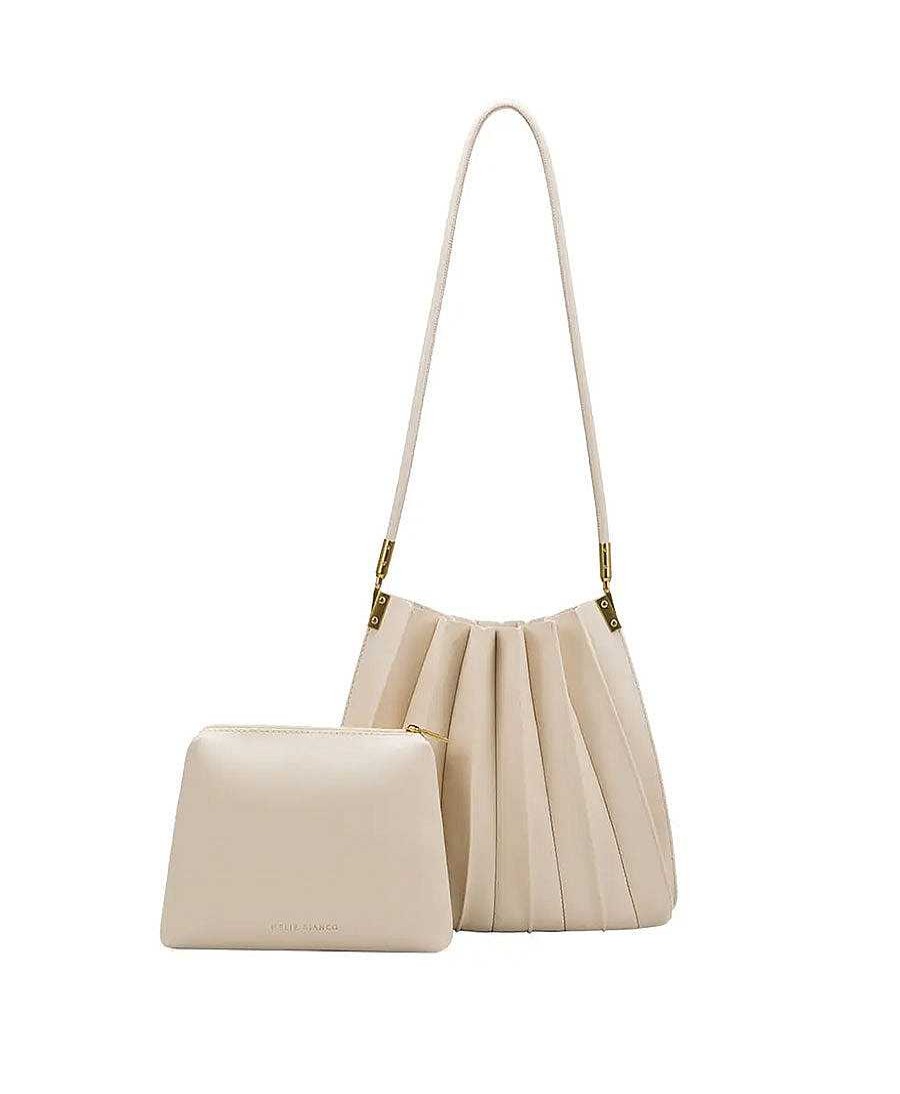 Damen Melie Bianco Taschen | Plissierte Schultertasche Carrie Aus Veganem Leder - Ivory