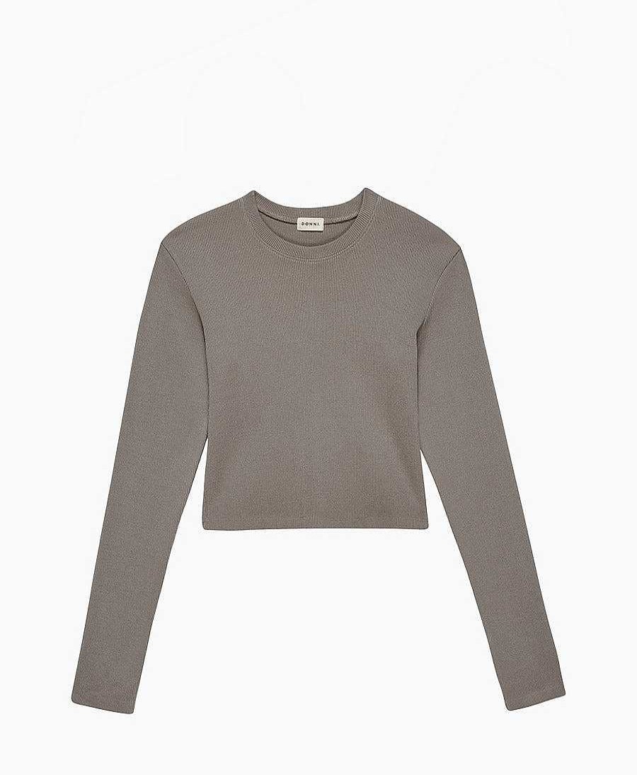 Damen DONNI. Oberteile | Geripptes Langarm (Cropped) Top - Taupe