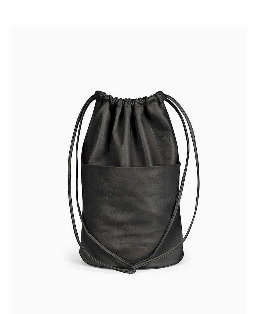 Damen Modern Weaving Taschen | Tasche "Drawstring Slouch Pocket Bucket" - Lammleder, Schwarz