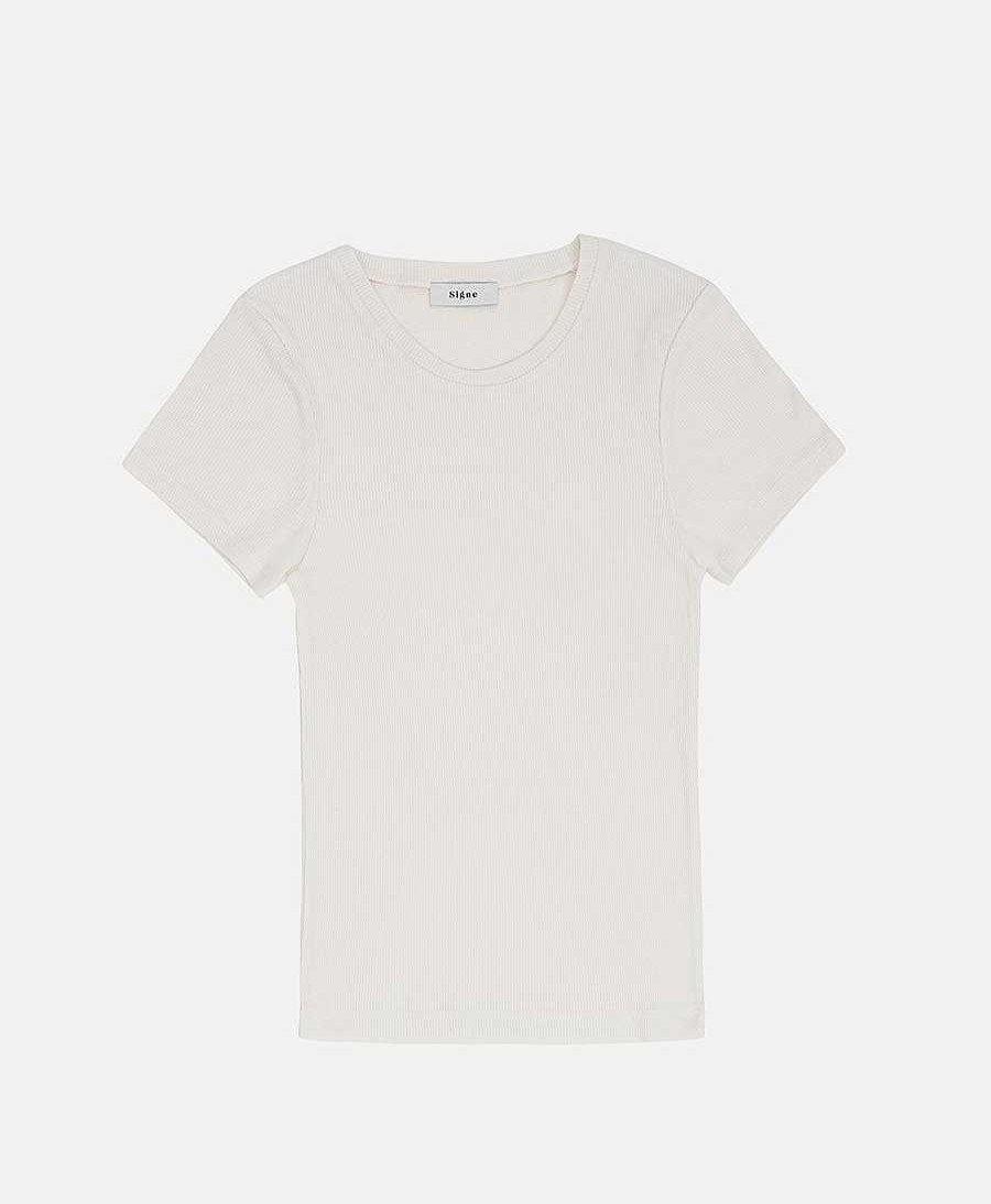 Damen By Signe Oberteile | Geripptes T-Shirt Aus Bio-Baumwolle - Gebrochenes Weiss