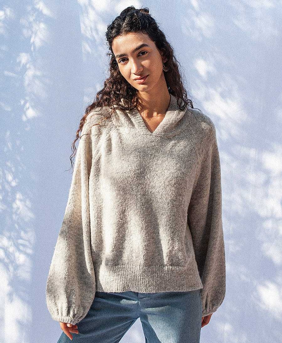 Damen JUNGLE FOLK Oberteile | Strickpullover Mit Kapuze Ayna - Hellgrau