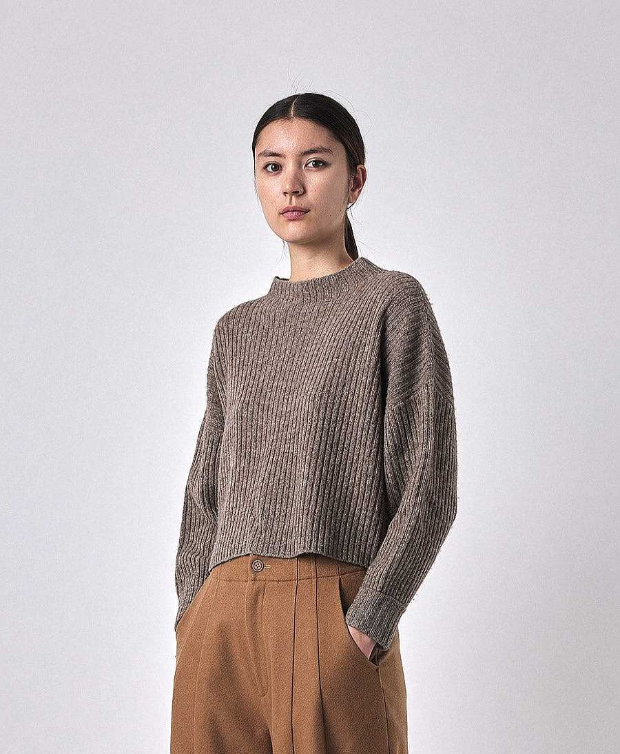 Damen 7115 by Szeki Oberteile | Strickpullover Signature Yak Rib Mock-Neck - Taupe