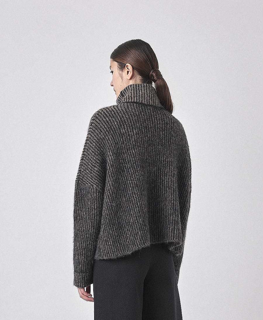 Damen 7115 by Szeki Oberteile | Strickpullover Alpaca Striped Turtleneck - Dark Stripes