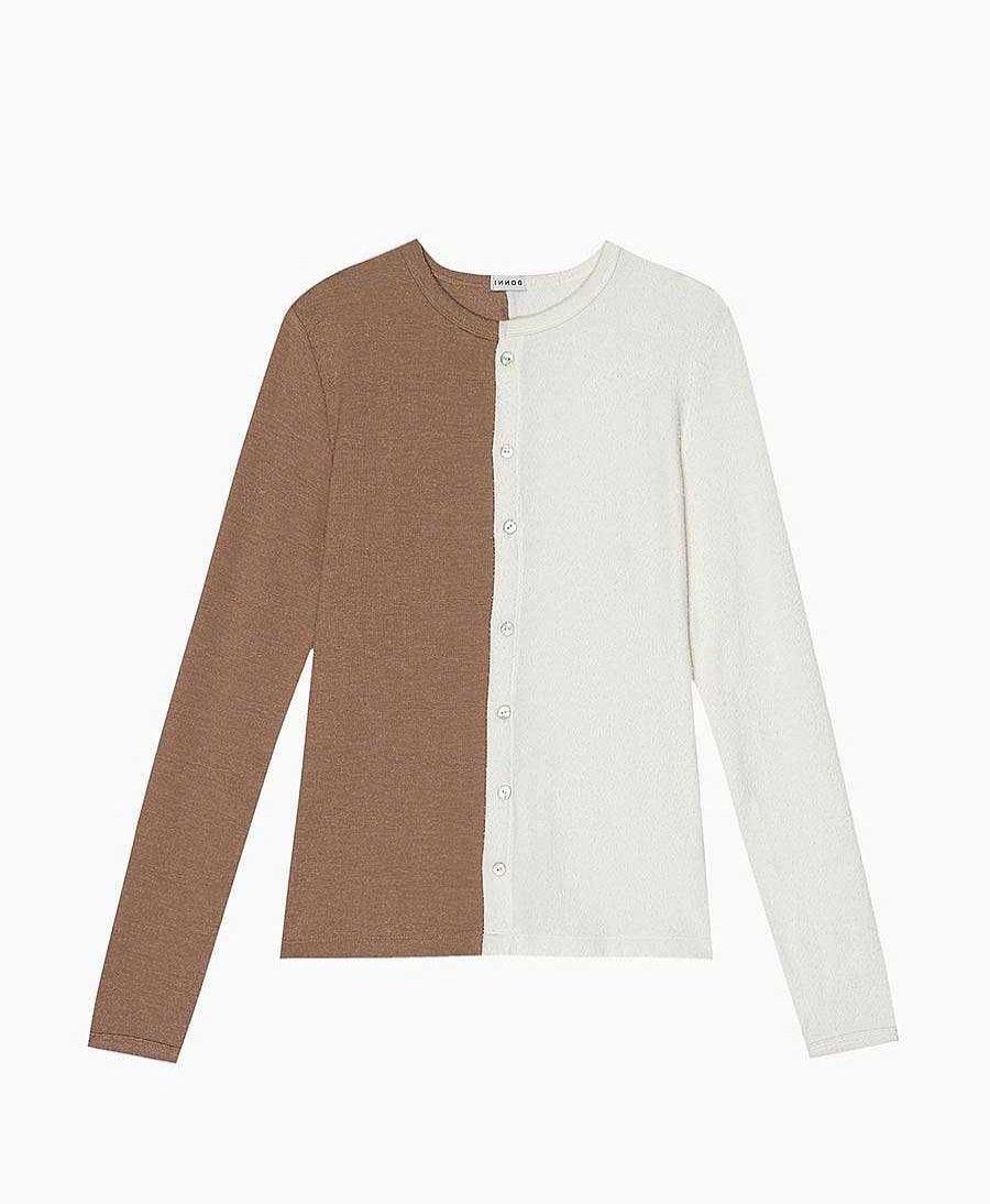 Damen DONNI. Oberteile | Duo Sweater Cardigan - Creme / Camel